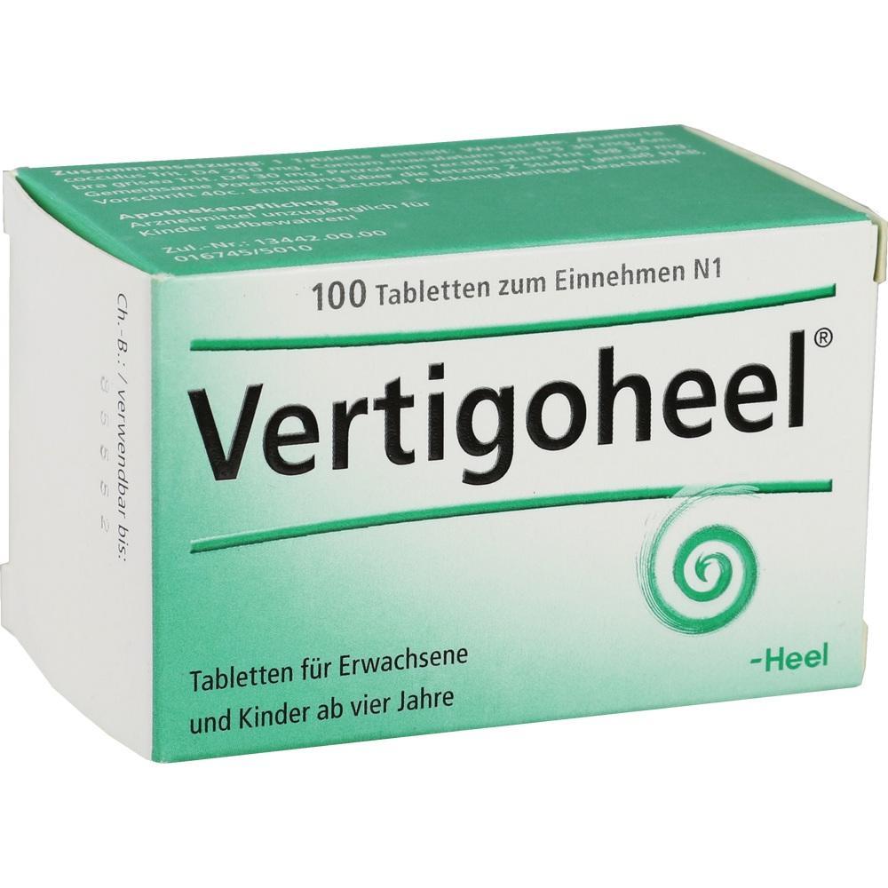 Eine gr&uuml;n-wei&szlig;e Packung mit 100 Vertigoheel Tabletten f&uuml;r Erwachsene und Kinder ab vier Jahren.