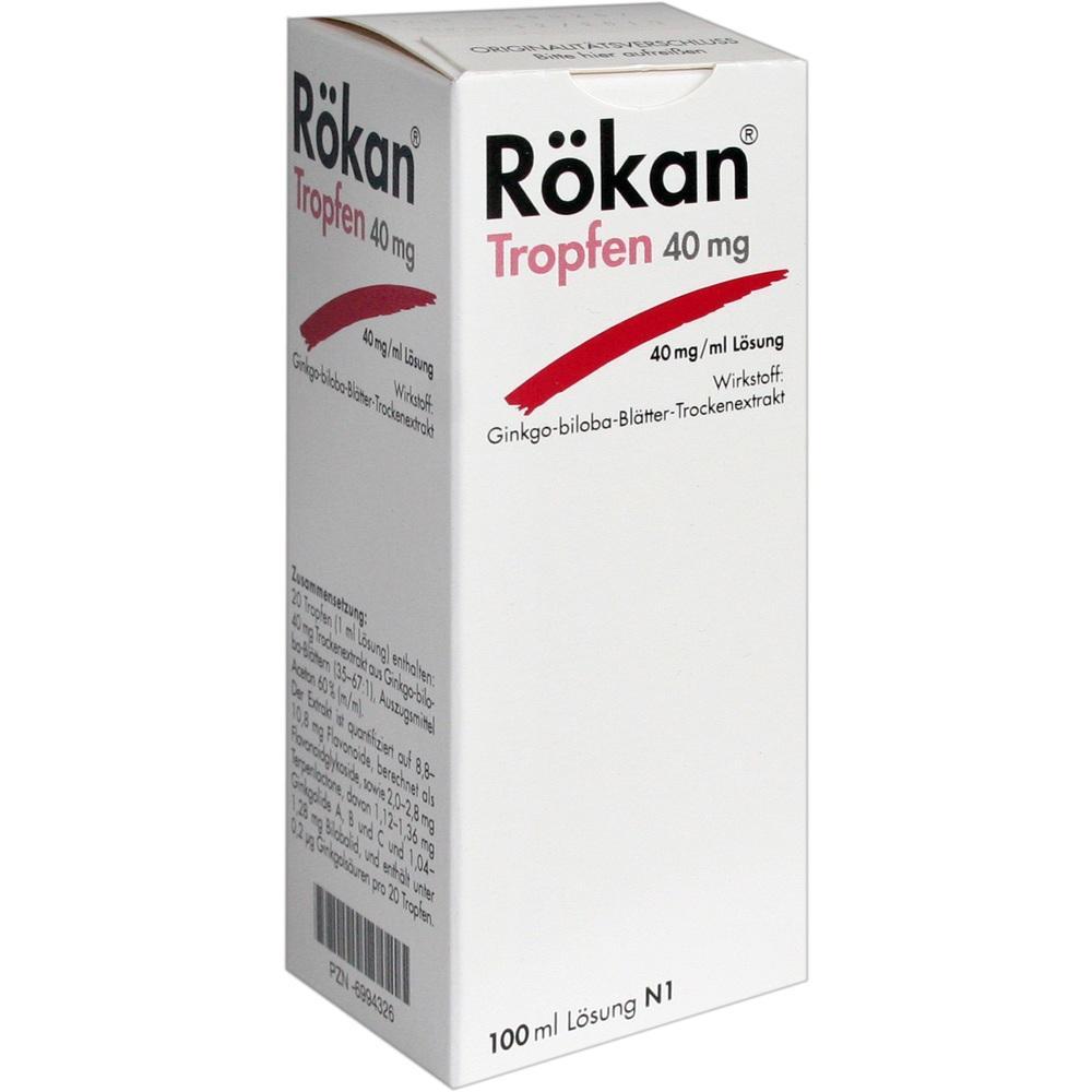 Eine Schachtel mit der Aufschrift "R&ouml;kan Tropfen 40 mg" steht aufrecht.