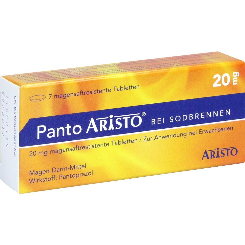 Gelbe Packung von Panto Aristo gegen Sodbrennen, enth&auml;lt 20 mg Pantoprazol.