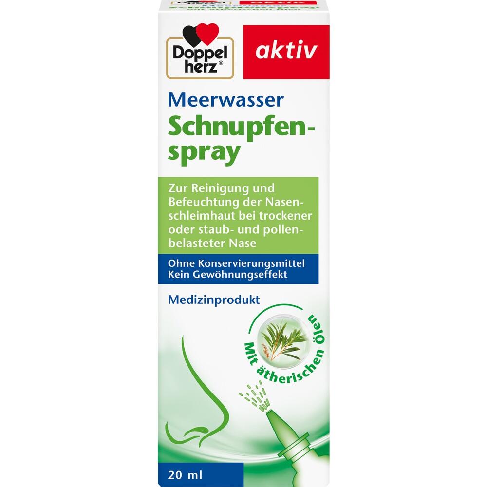 Eine Packung Meerwasser-Schnupfenspray zur Befeuchtung der Nase.
