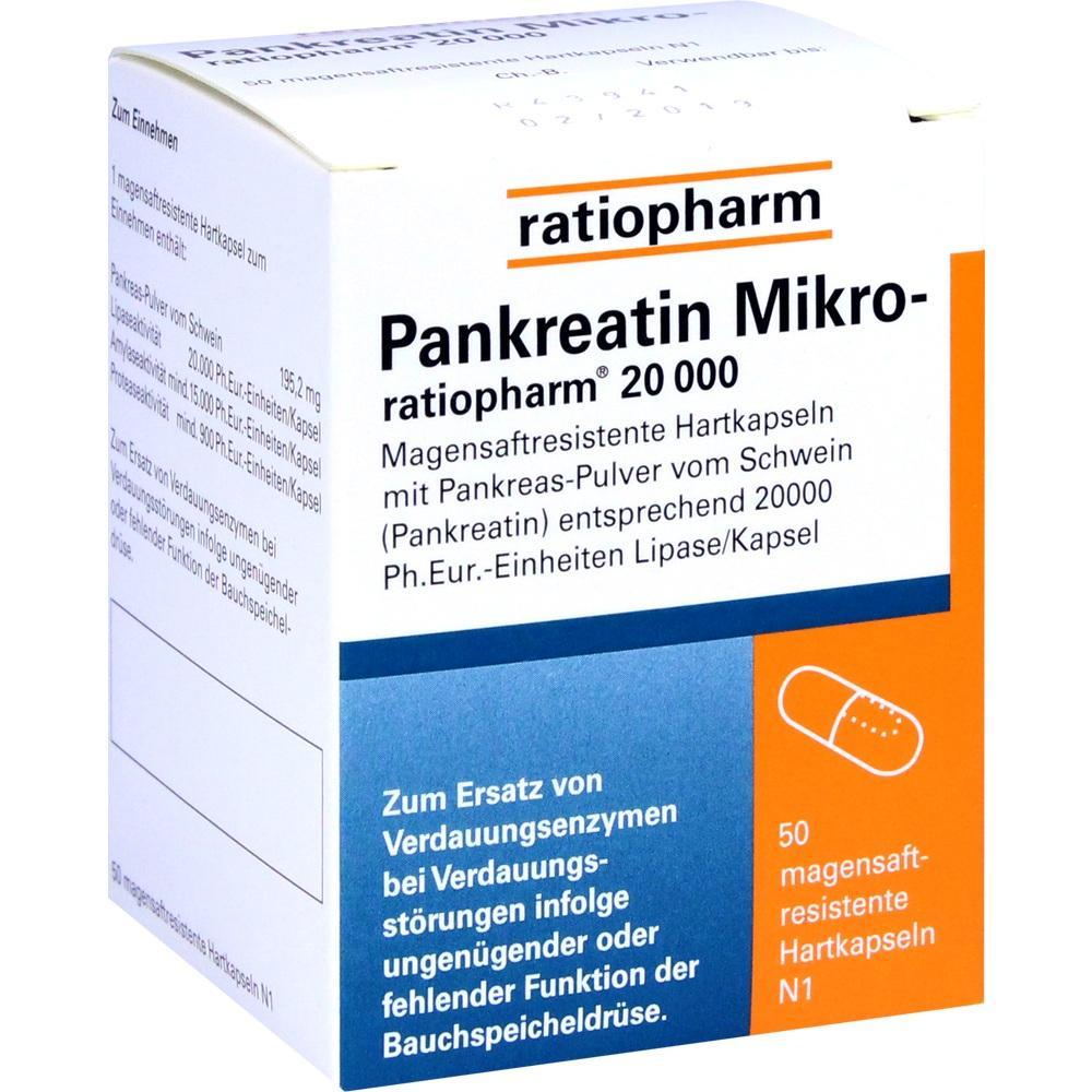 Eine Schachtel Pankreatin-Medikament von Ratiopharm mit 50 magensaftresistenten Kapseln.