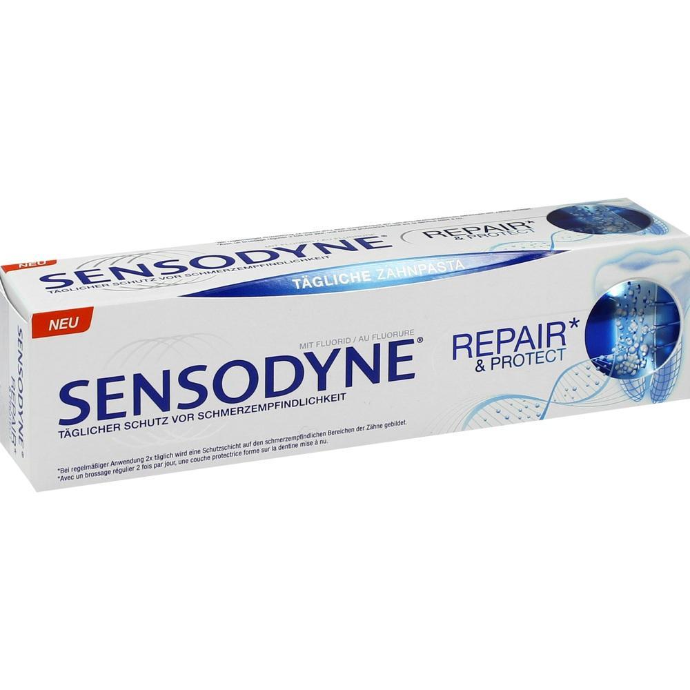 Eine Sensodyne-Zahnpasta-Schachtel f&uuml;r empfindliche Z&auml;hne.