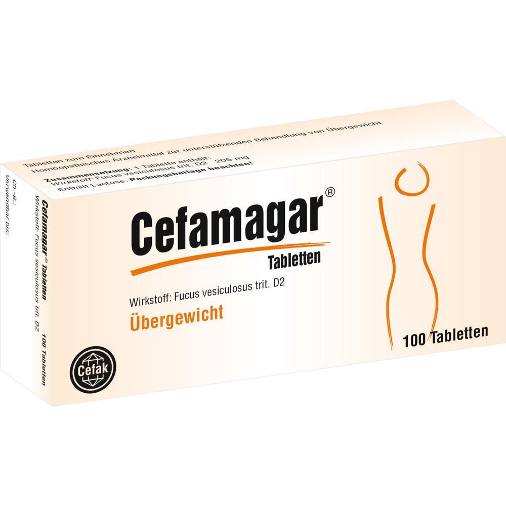 Packung Cefamagar Tabletten gegen &Uuml;bergewicht mit stilisiertem K&ouml;rperbild.
