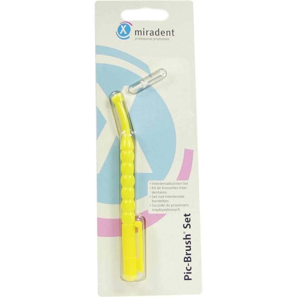 Verpackung mit gelber Interdentalb&uuml;rste und Schutzh&uuml;lle.