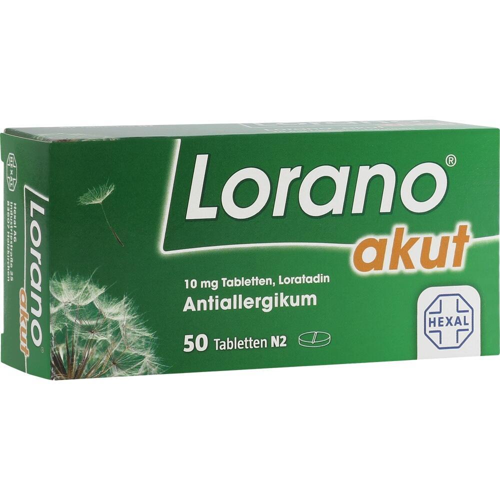 Gr&uuml;ne Medikamentenschachtel mit der Aufschrift "Lorano akut" gegen Allergien.
