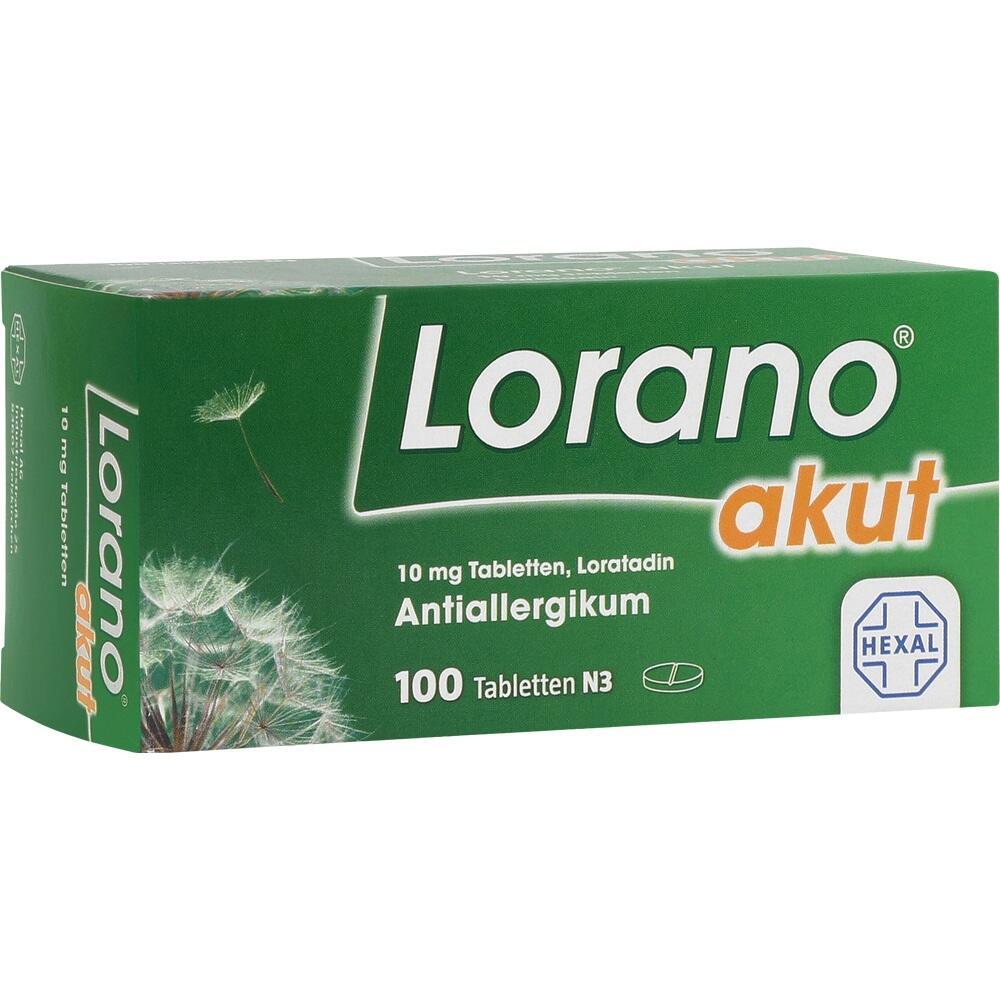 Gr&uuml;ne Verpackung von Lorano akut, einem Anti-Allergikum mit 100 Tabletten.