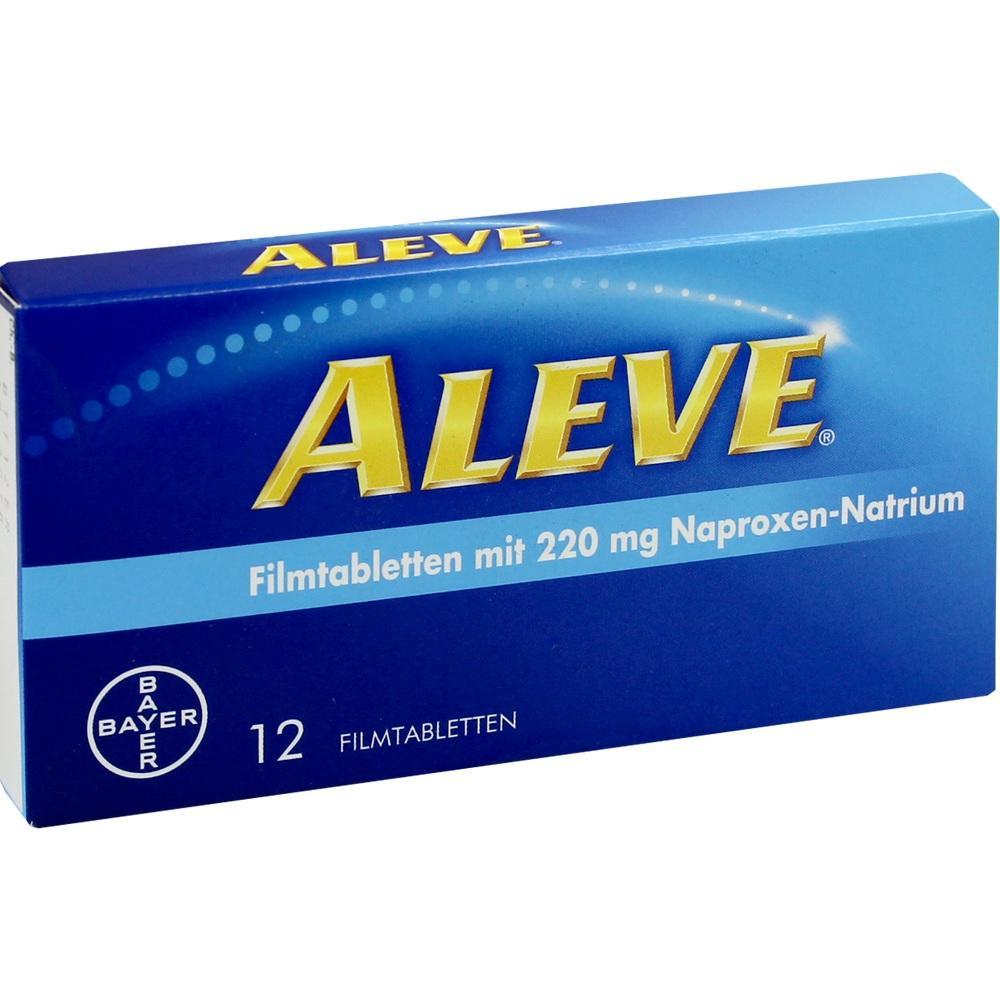 Eine blaue Packung Aleve-Tabletten mit 220 mg Naproxen-Natrium.