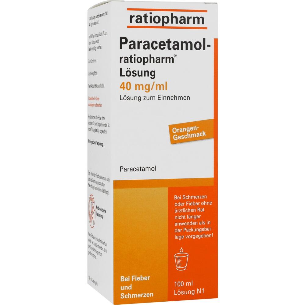 Eine Schachtel Paracetamol-L&ouml;sung von ratiopharm, 40 mg/ml, mit Orangengeschmack.