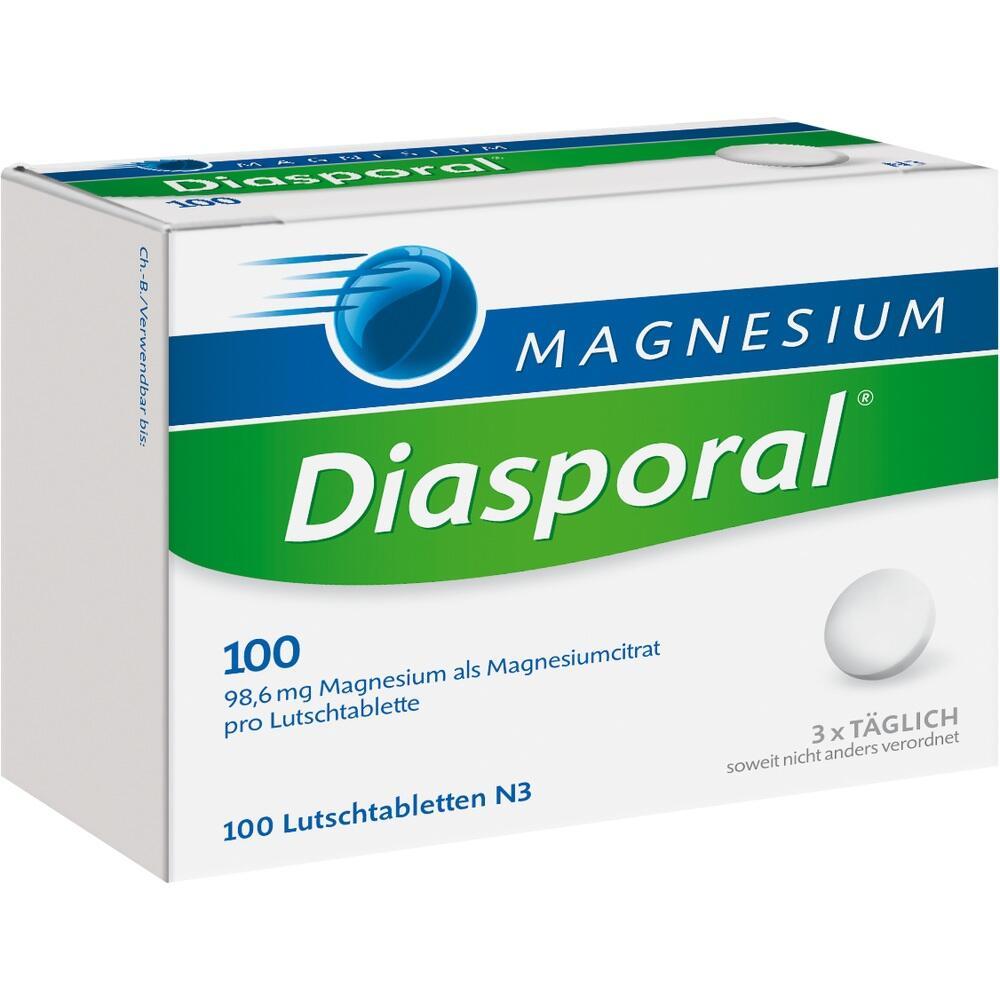 Die Verpackung zeigt Magnesium-Lutschtabletten von Diasporal.