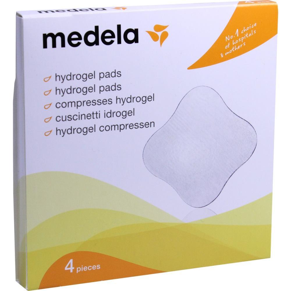 Verpackung mit Hydrogel-Kompressen der Marke Medela, vier St&uuml;ck.