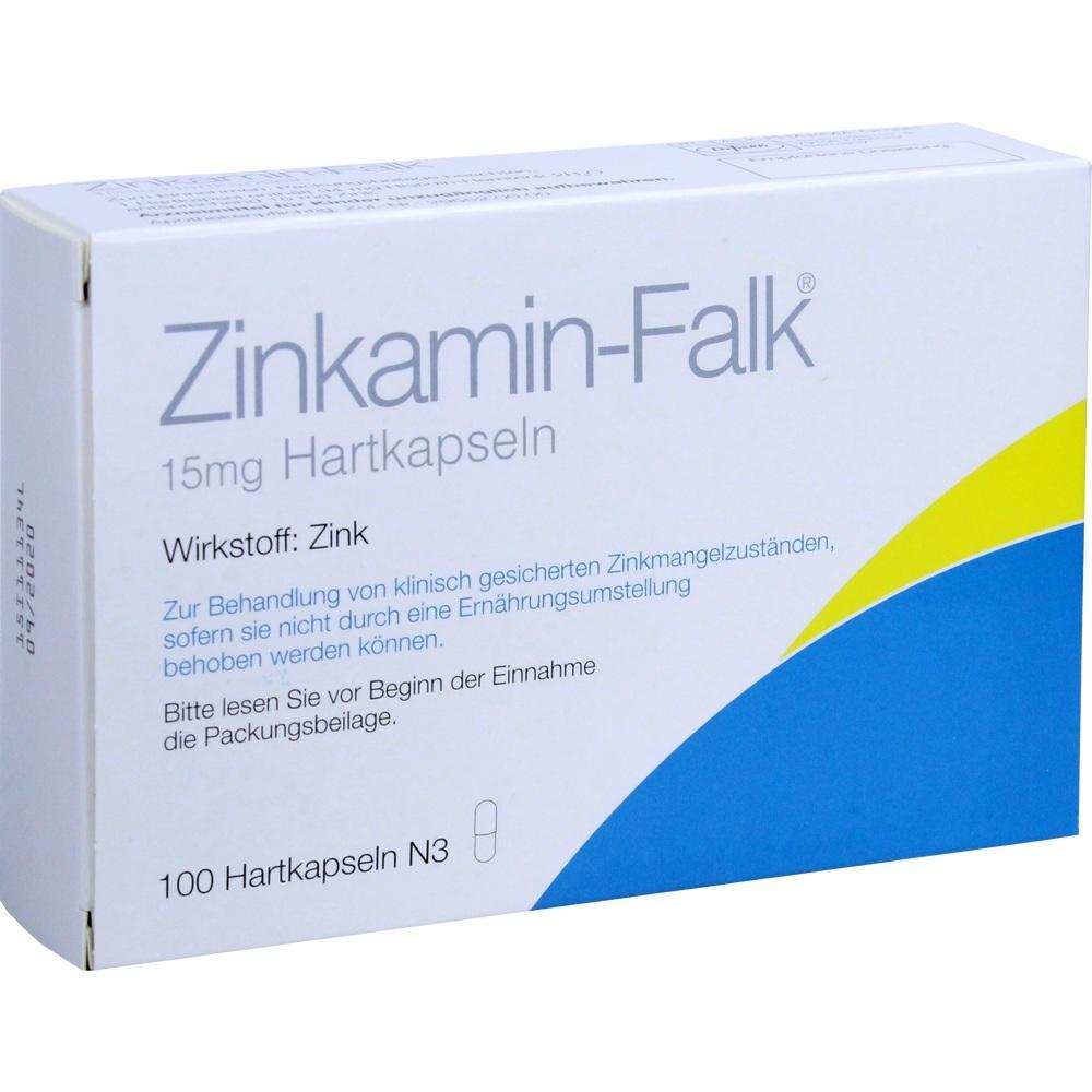 Wei&szlig;e Medikamenten-Verpackung mit der Aufschrift &bdquo;Zinkamin-Falk 15 mg Hartkapseln&ldquo;.