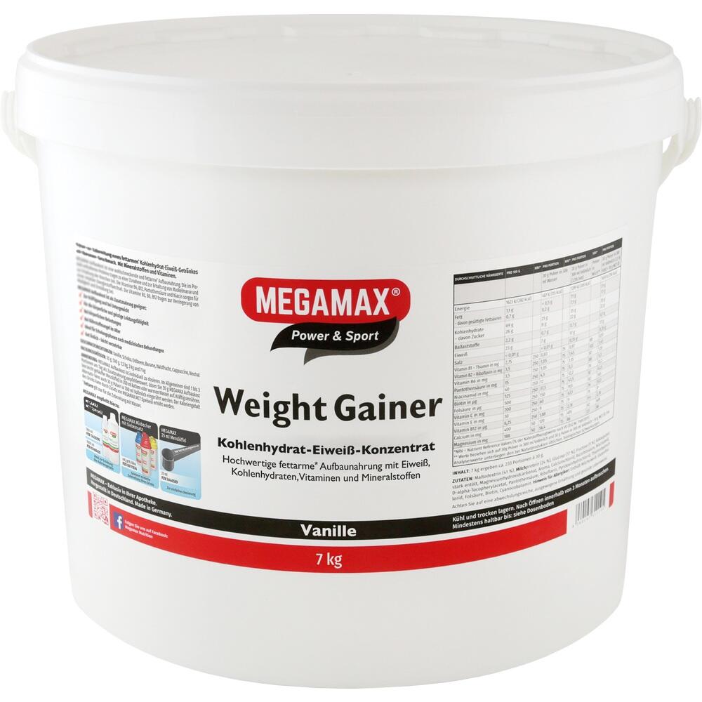 Ein weißer Eimer mit "MEGAMAX Weight Gainer" Aufschrift in Vanille-Geschmack.