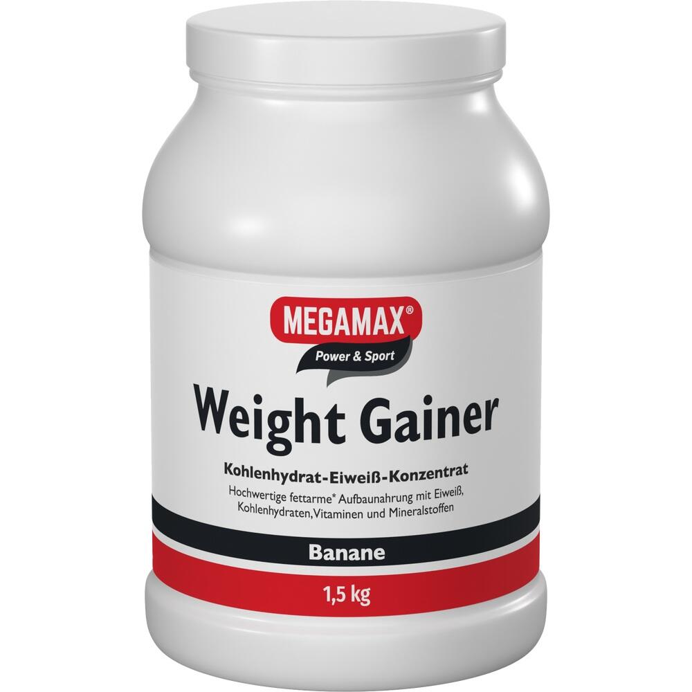 Wei&szlig;e Dose mit dem Aufdruck "Weight Gainer" und dem Geschmack Banane.
