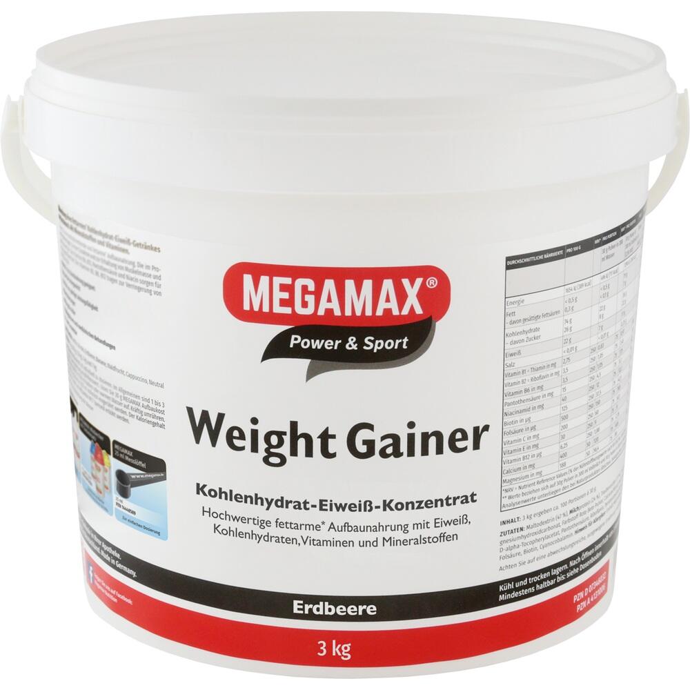 Gro&szlig;er wei&szlig;er Eimer mit der Aufschrift "Megamax Weight Gainer, Erdbeere, 3 kg".