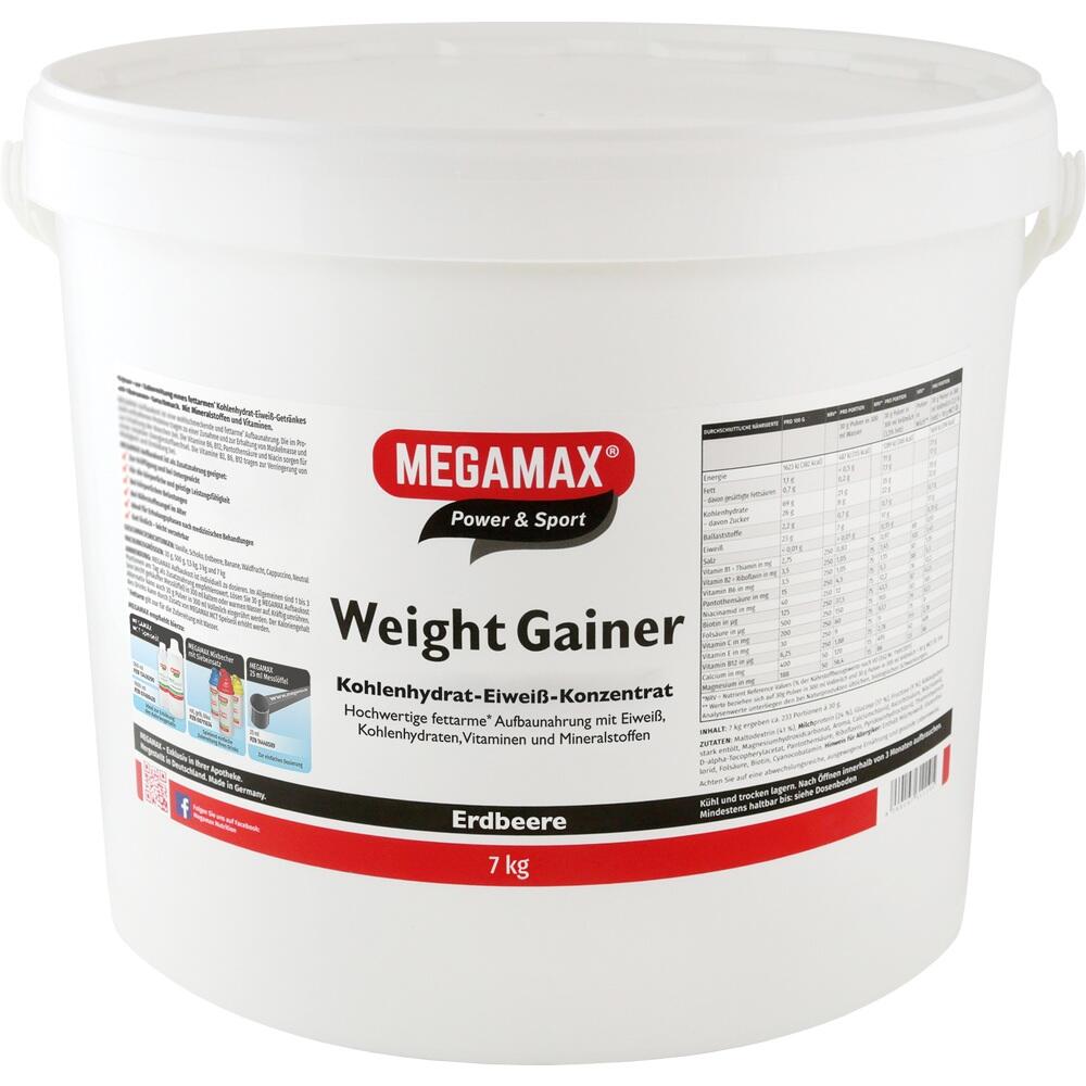 Ein wei&szlig;er Eimer mit rotem Megamax-Etikett enth&auml;lt 7 kg Erdbeer-Weight-Gainer.