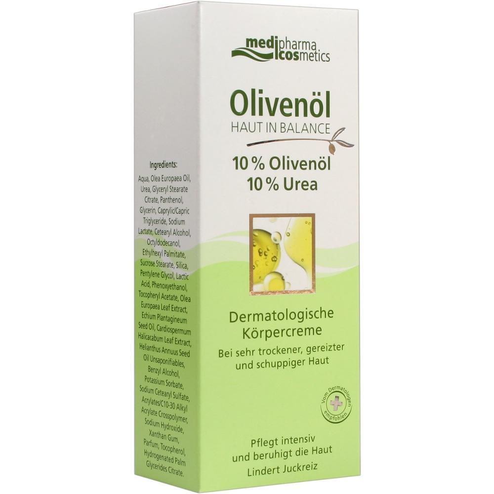 Packung von Olivenöl-Körpercreme für trockene und gereizte Haut.