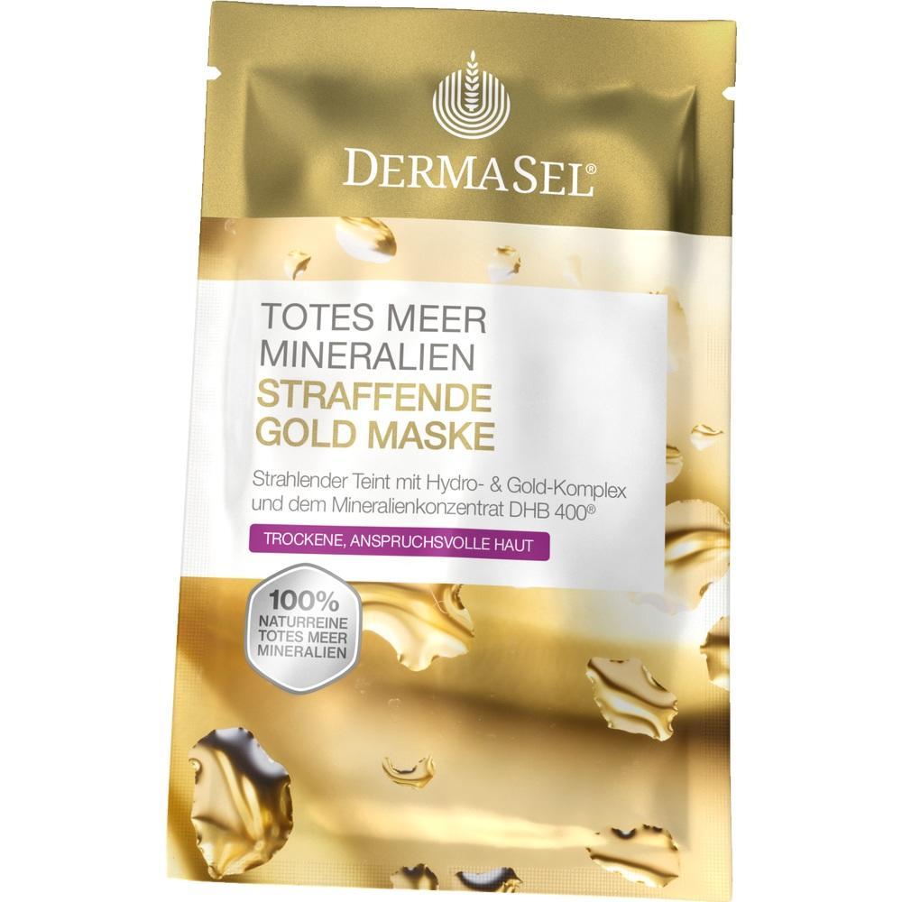 Goldene Verpackung einer straffenden Gesichtsmaske mit Totes Meer Mineralien.