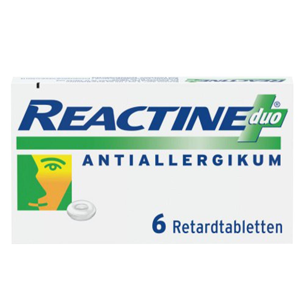 Verpackung von Reactine Duo mit 6 Retardtabletten gegen Allergien.