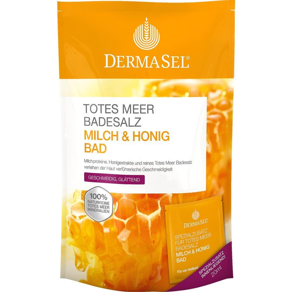 Eine orange-wei&szlig;e Packung Totes Meer Badesalz mit Milch und Honig.