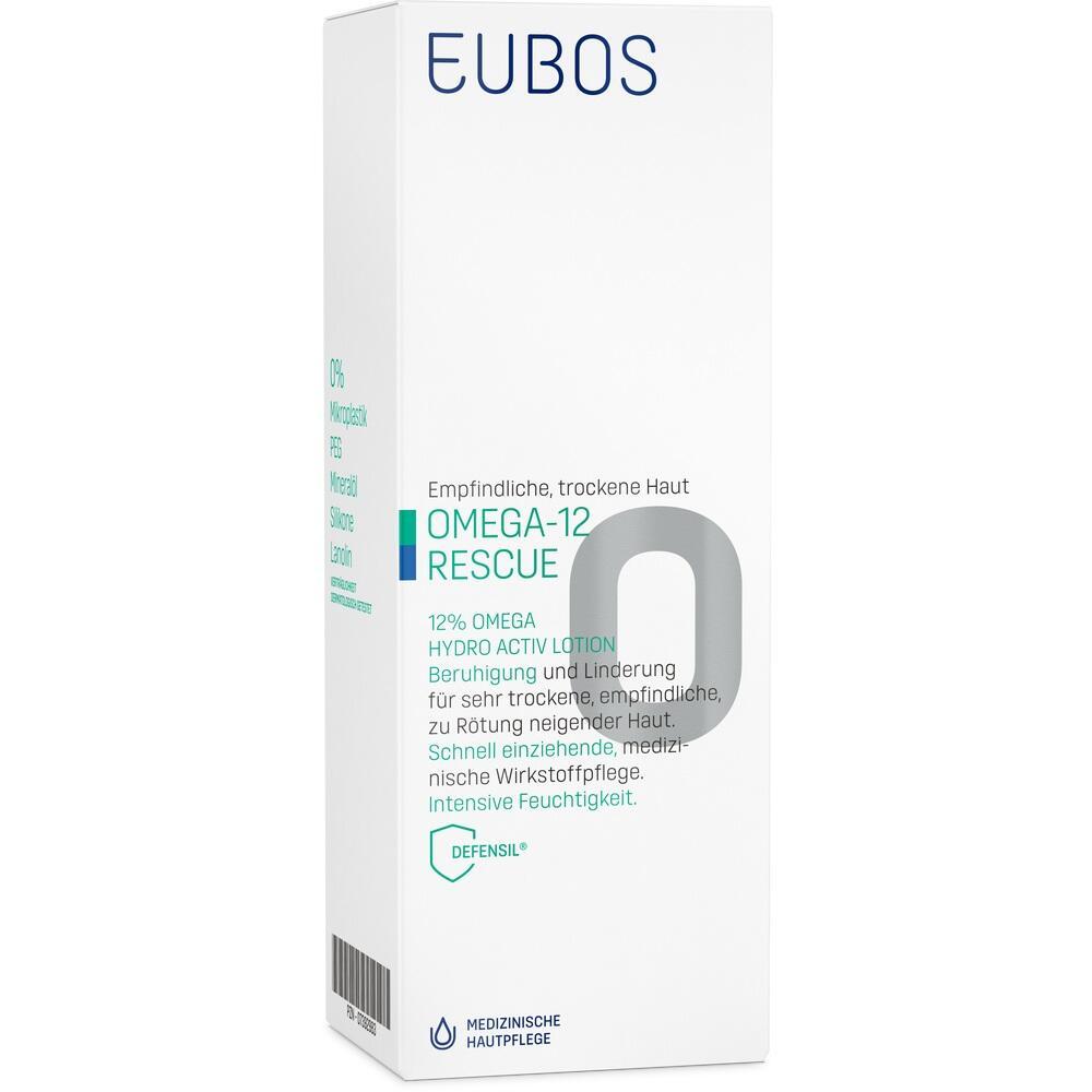 Wei&szlig;e Verpackung mit blauer Aufschrift von Eubos Omega-12 Rescue Lotion f&uuml;r trockene Haut.