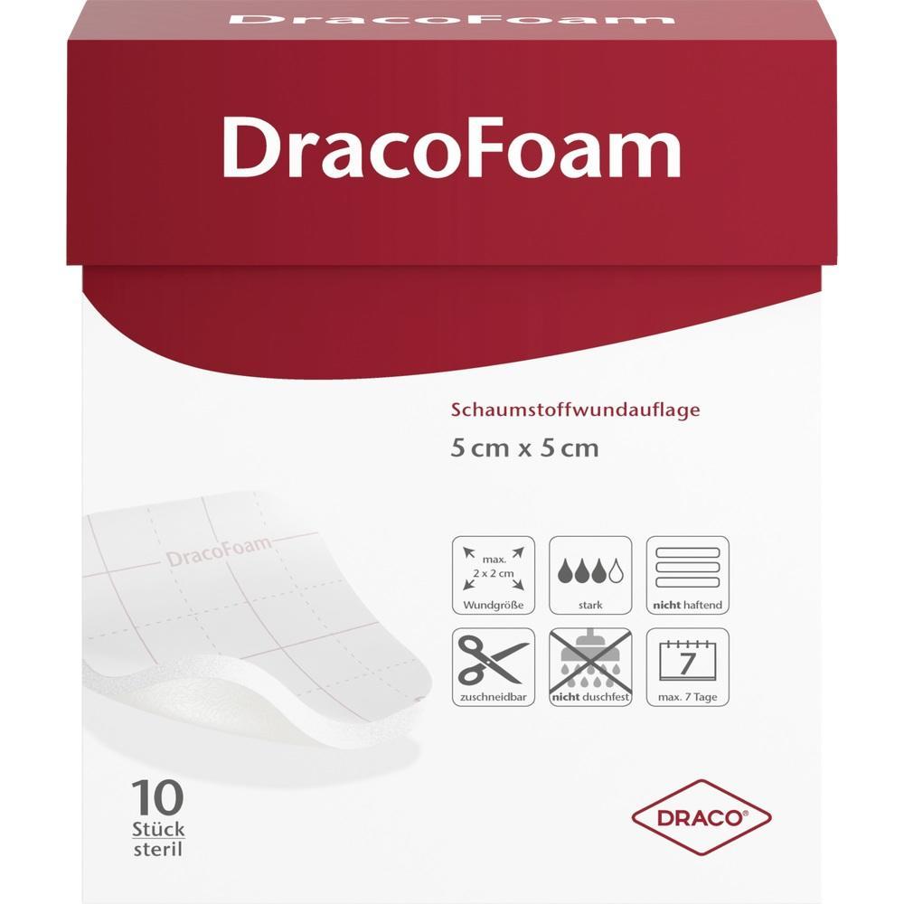 Verpackung einer Schaumstoff-Wundauflage von DracoFoam, 5 cm x 5 cm, 10 St&uuml;ck.