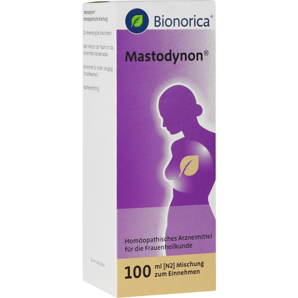 Eine Medikamentenverpackung von Mastodynon mit lila Frauen-Silhouette.