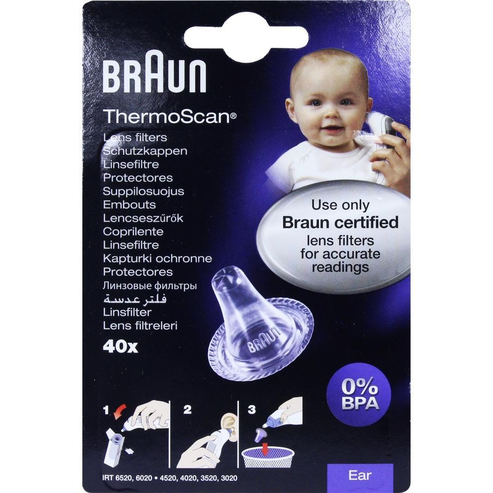 Bild einer Packung Braun ThermoScan Linsenschutzkappen mit Babyfoto und Anwendungshinweisen.