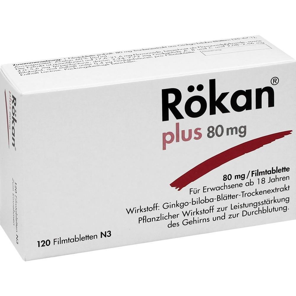 Die Verpackung zeigt R&ouml;kan plus 80 mg Tabletten zur F&ouml;rderung der Gehirnleistung.