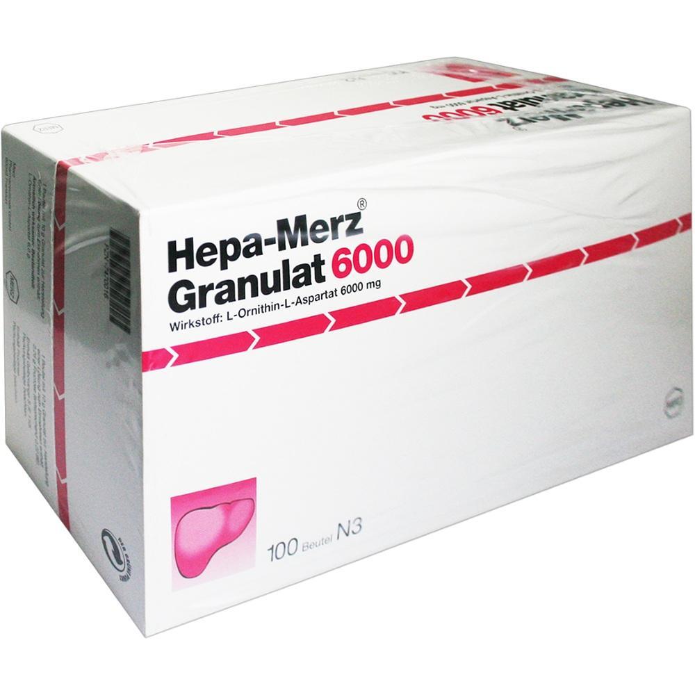 Eine wei&szlig;e Verpackung von Hepa-Merz Granulat 6000 mit pinken Details.
