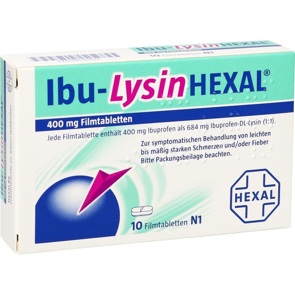 Packung eines Schmerzmittels namens Ibu-LysinHEXAL mit 10 Filmtabletten.