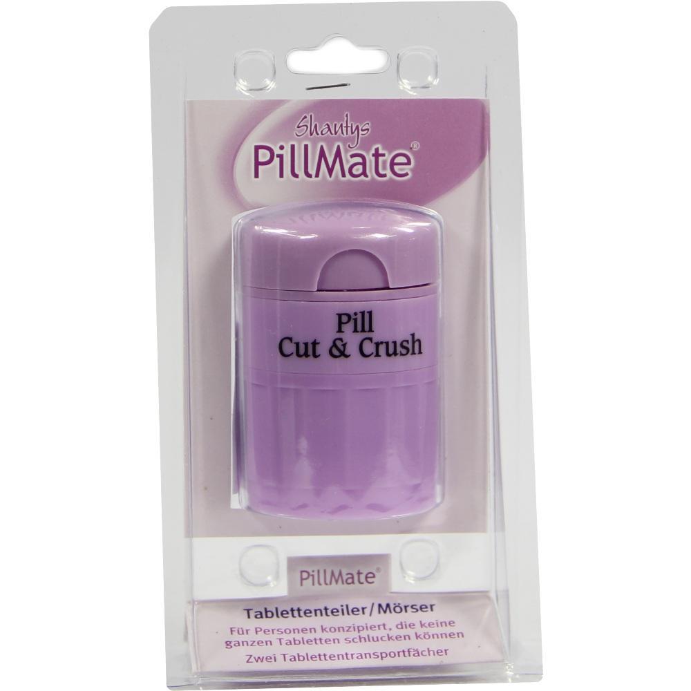 Lila Tablettenteiler und M&ouml;rser in Plastikverpackung.