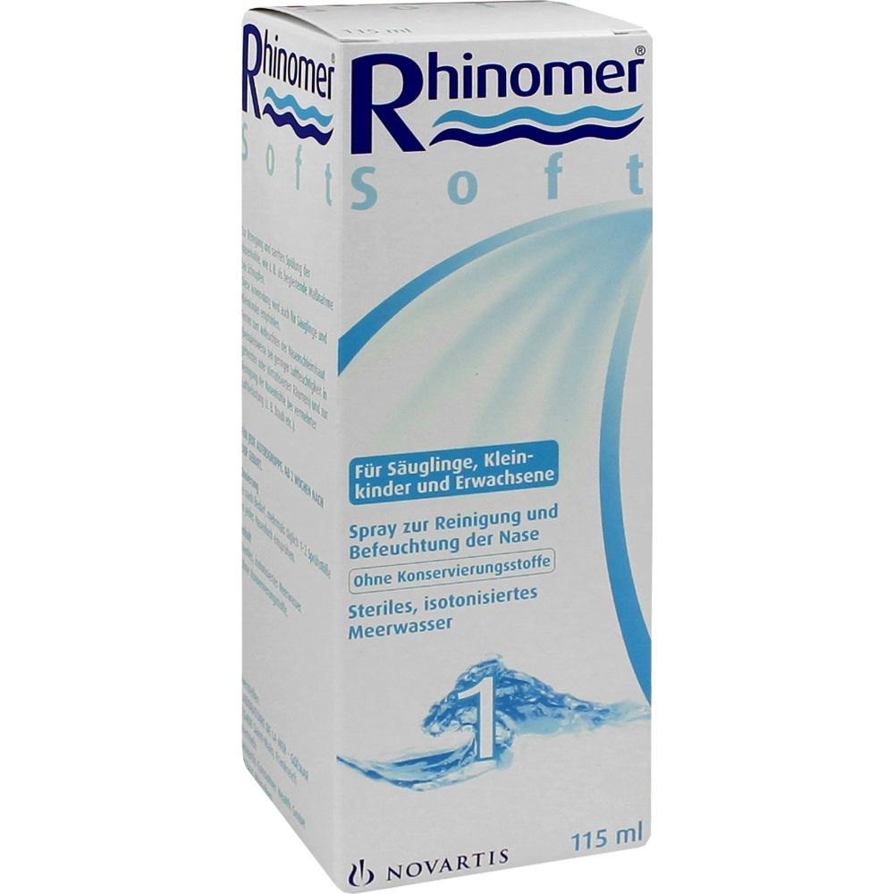 Verpackung eines Nasensprays mit Aufschrift "Rhinomer Soft", geeignet f&uuml;r alle Altersgruppen.