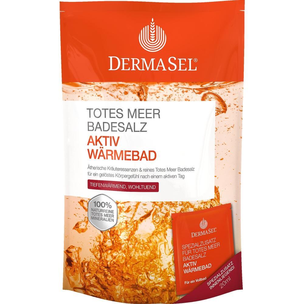 Beutel mit "Totes Meer Badesalz Aktiv Wärmebad" von DermaSel, Artikel in Orange und Weiß.
