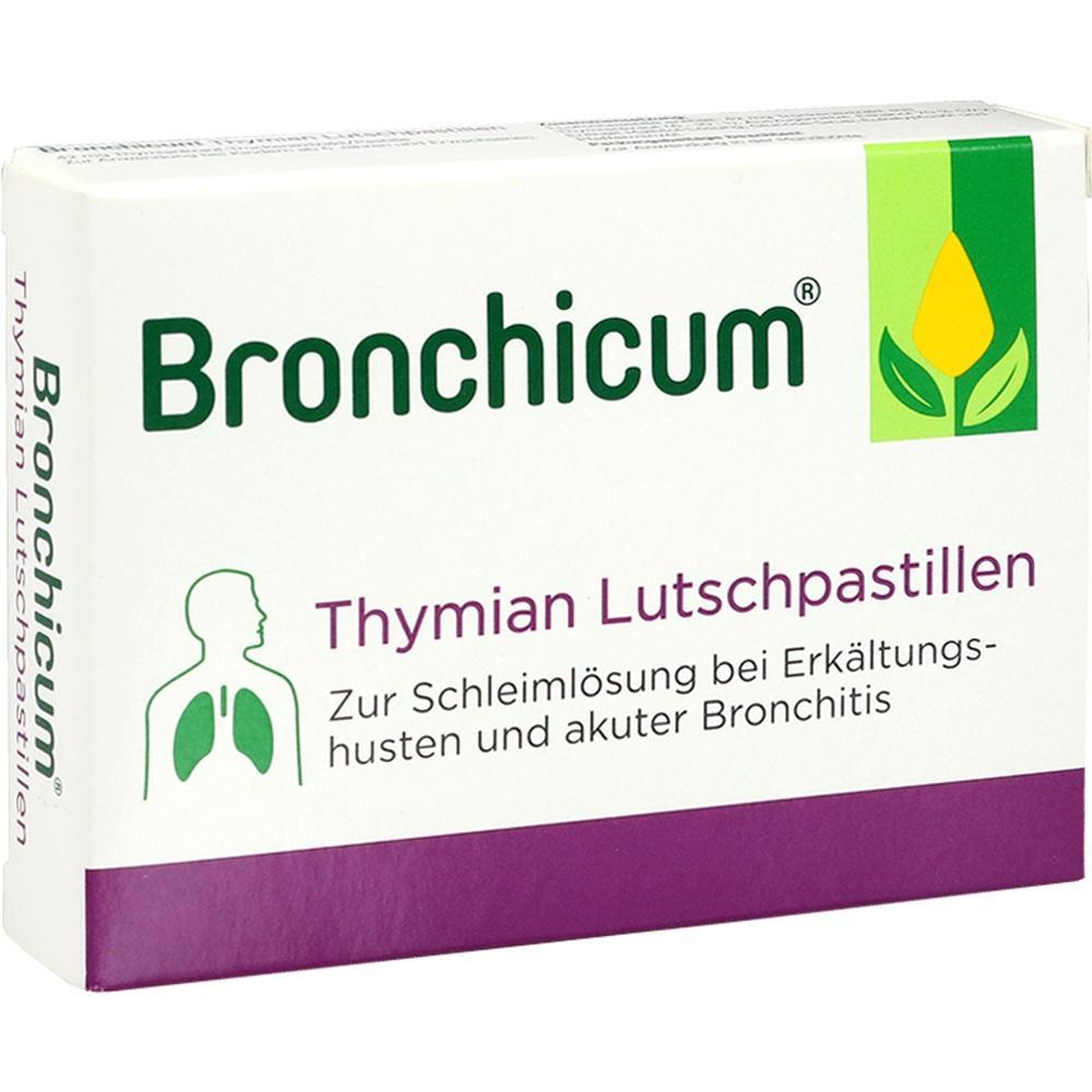 Eine Packung Thymian Lutschpastillen gegen Husten und Bronchitis.