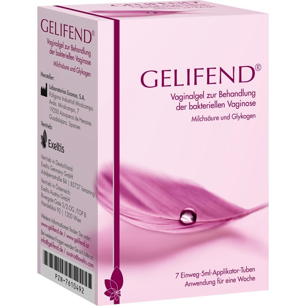 Eine rosa Schachtel von Gelifend Vaginalgel zur Behandlung von Infektionen.