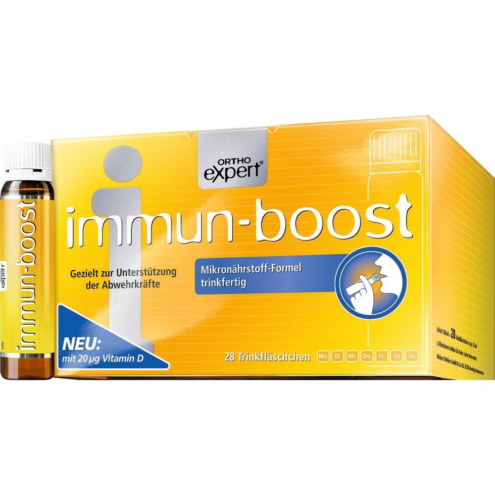 Gelbe Verpackung von Immun-Boost mit 28 Trinkfl&auml;schchen zur Unterst&uuml;tzung des Immunsystems.