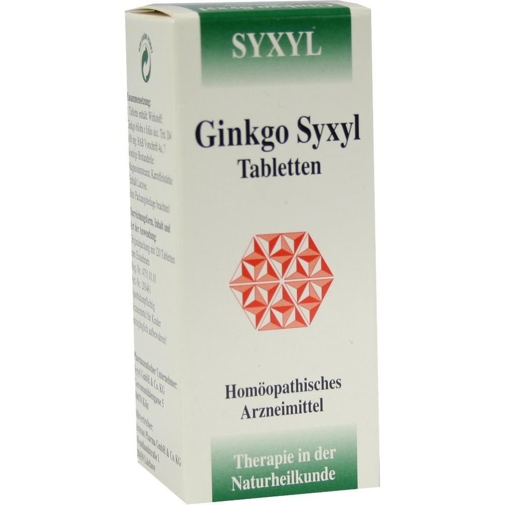 Wei&szlig;e Medikamentenschachtel mit der Aufschrift "Ginkgo Syxyl Tabletten".