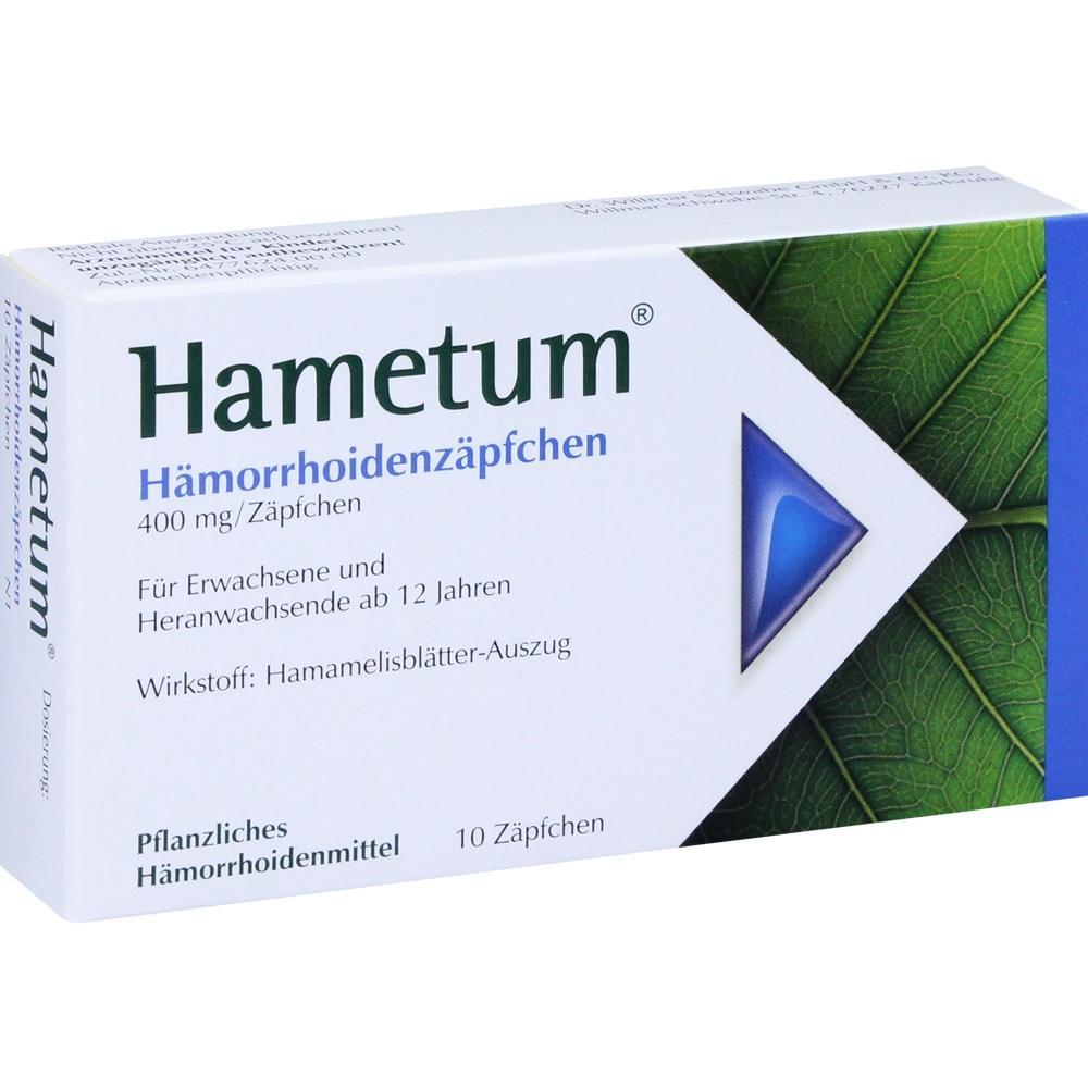 Verpackung von H&auml;morrhoidenz&auml;pfchen der Marke Hametum.