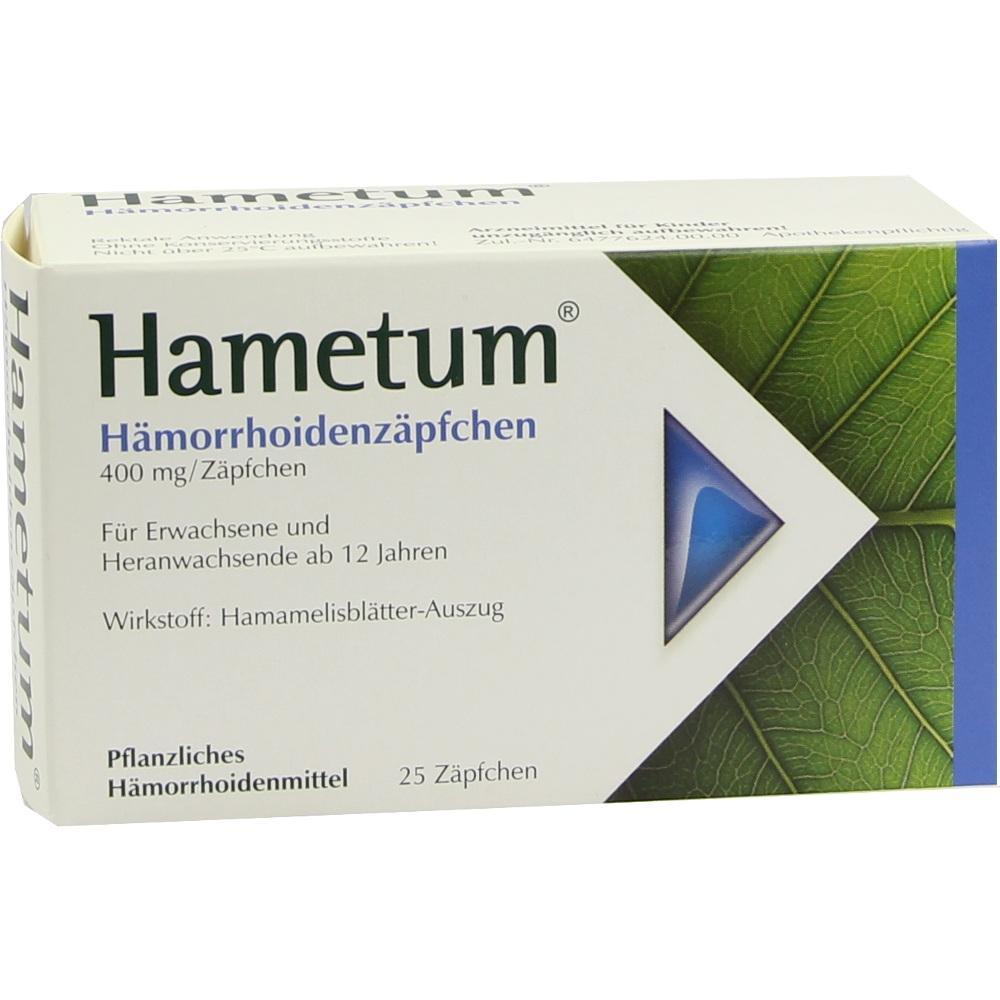 Packung von Hametum H&auml;morrhoidenz&auml;pfchen, pflanzliches Heilmittel.
