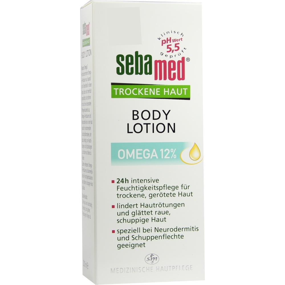 Wei&szlig;e Lotion-Packung von Sebamed f&uuml;r trockene Haut mit Omega 12% und pH 5,5.