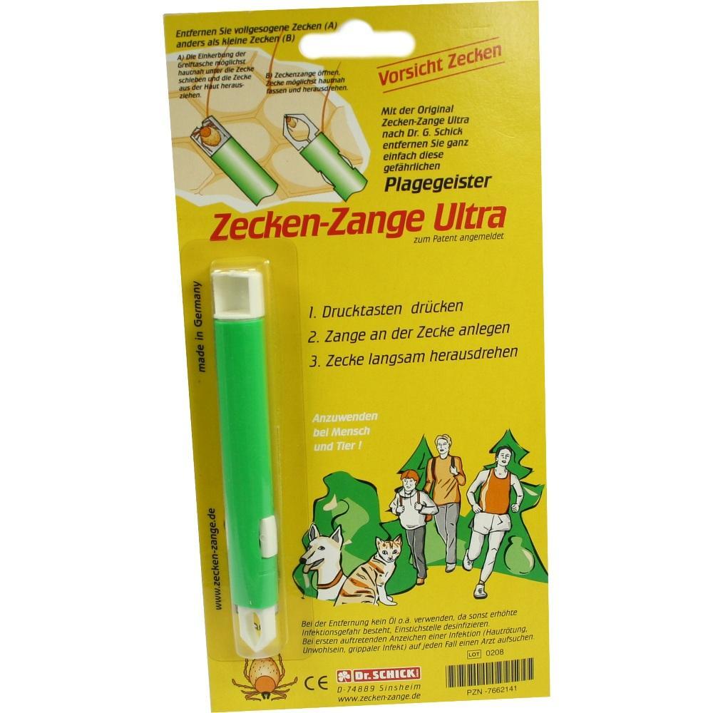 Verpackung einer Zeckenzange mit grüner Zange und Anleitung zum Entfernen von Zecken.