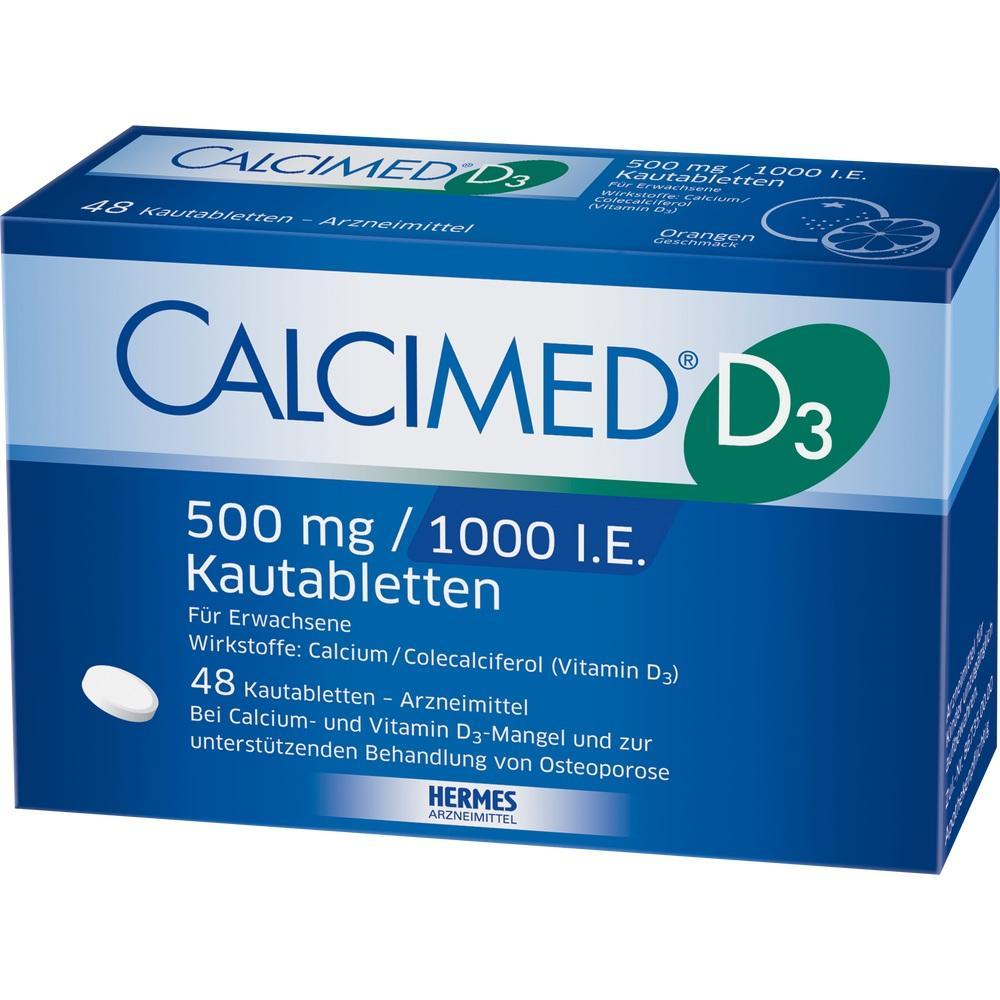 Blaue Packung von Kautabletten mit Calcium und Vitamin D3 zur Unterst&uuml;tzung bei Osteoporose.