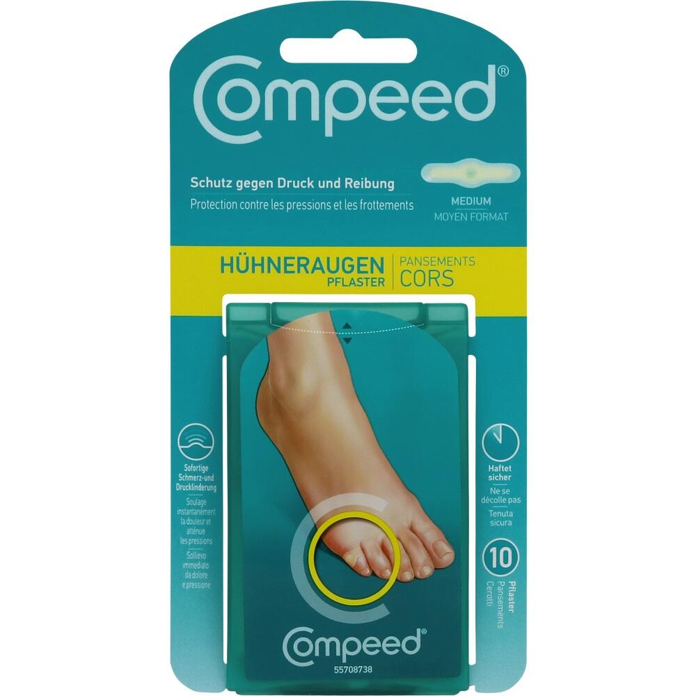 Verpackung von H&uuml;hneraugen-Pflaster der Marke Compeed mit Abbildung von einem Fu&szlig;.