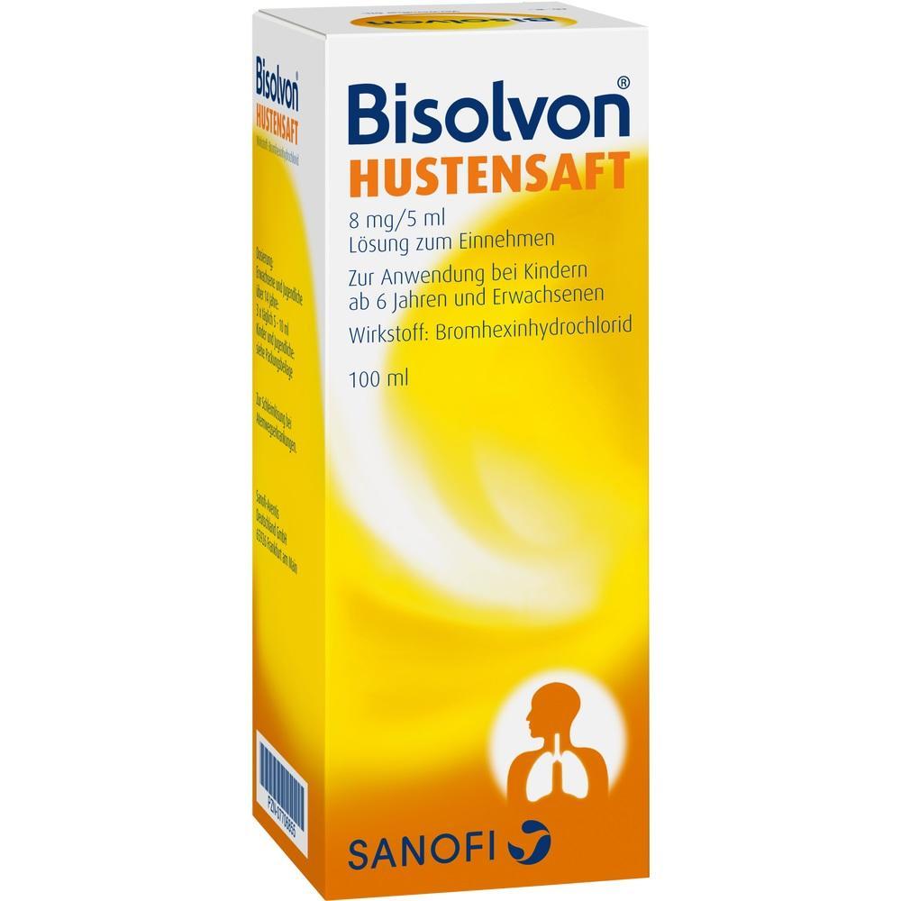 Gelbe Packung eines Hustensaftes mit dem Namen "Bisolvon".