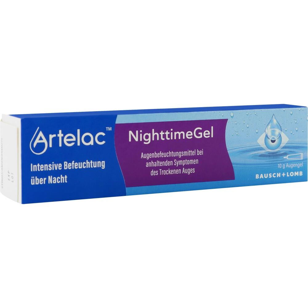 Eine Packung Artelac NighttimeGel zur Befeuchtung trockener Augen in der Nacht.