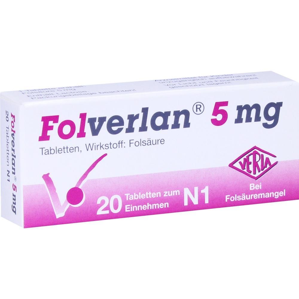 Eine Packung Tabletten mit 5 mg Folins&auml;ure gegen Fols&auml;uremangel.