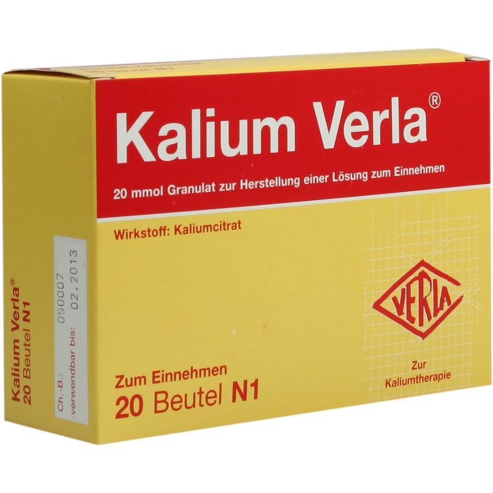 Gelbe Verpackung von Kalium Verla mit rotem Schriftzug und 20 Beuteln Granulat.