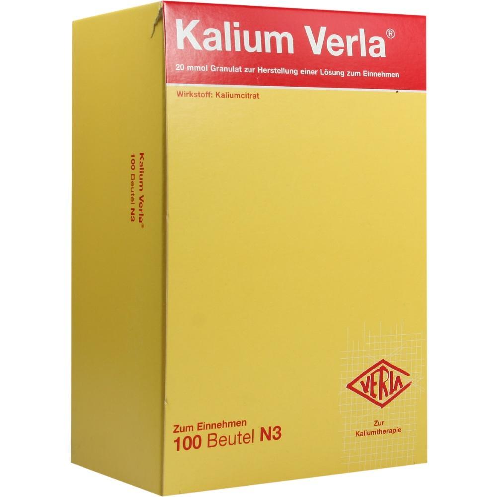 Gelbe Packung mit der Aufschrift "Kalium Verla" und "100 Beutel N3".