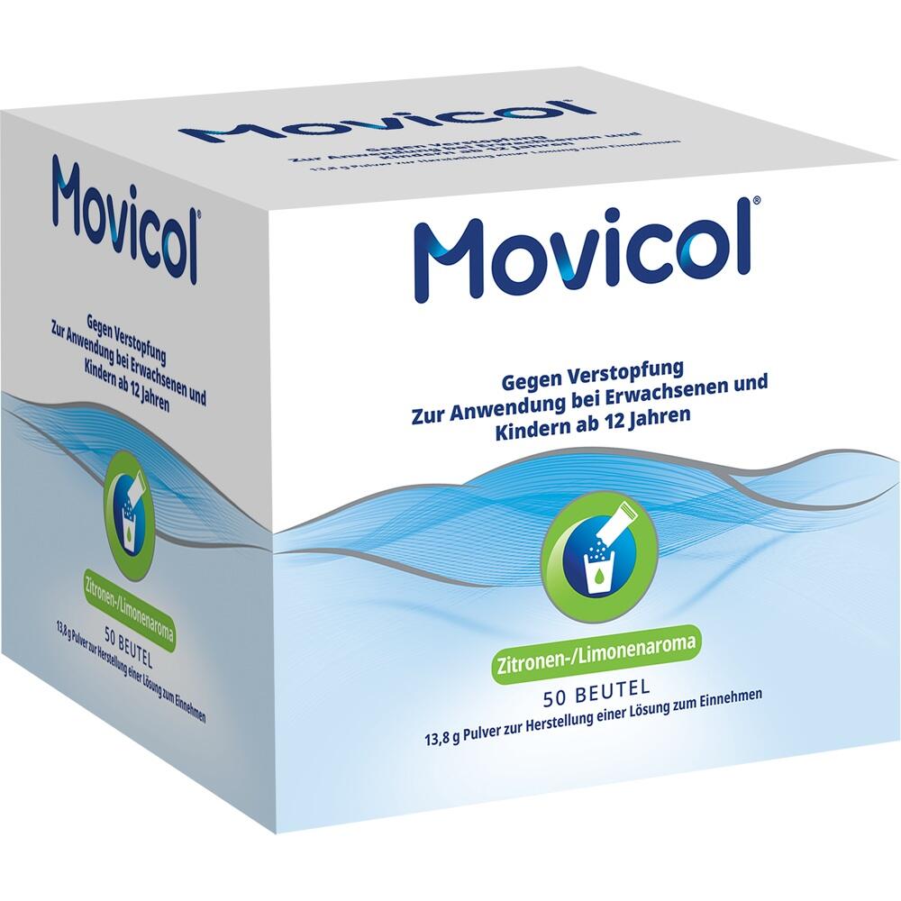 Eine Packung Movicol gegen Verstopfung mit Zitronenaroma f&uuml;r Menschen ab 12 Jahren.