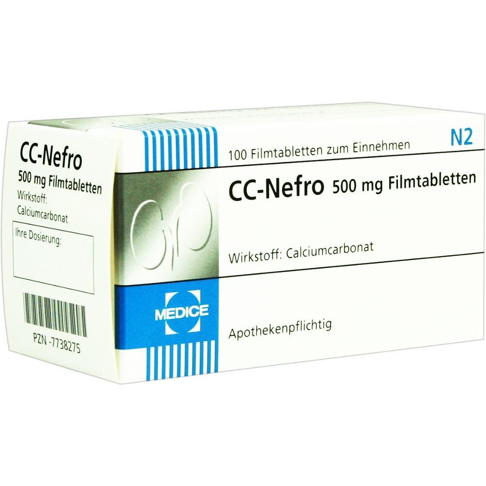 Die Verpackung zeigt 500 mg CC-Nefro Filmtabletten mit Calciumcarbonat.